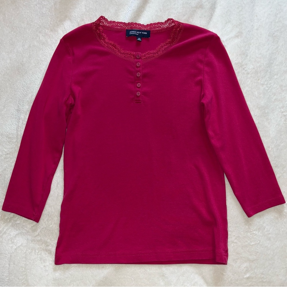 Burgundy Henley Top with Lace Trim